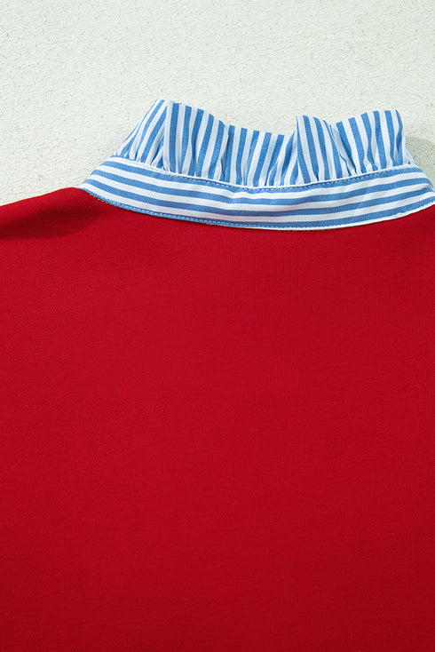 Striped Collar Patchwork Satin Bow Sweatshirt Short Set